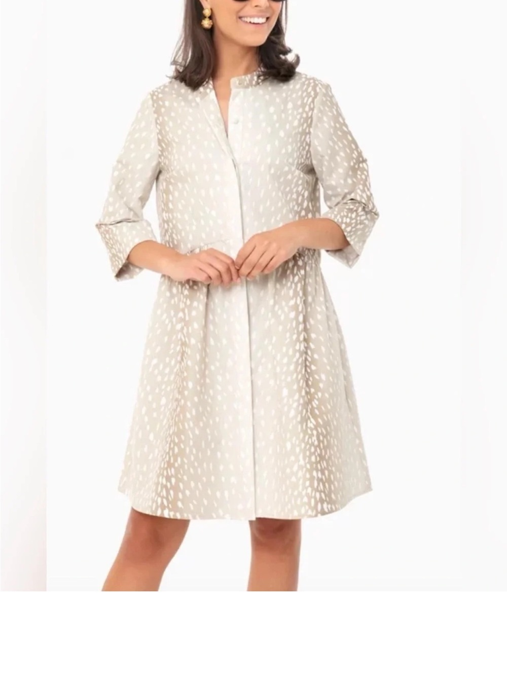 Cream Patterned Fit-and-Flare Dress with Three-Quarter Sleeves